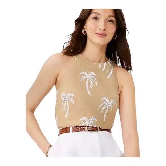 Ann Taylor Palm Embroidered Button Back Halter Tan Top, Size Large - Picture 2 of 16